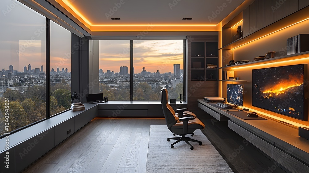 Poster a minimalist and modern game room featuring simple shelving a sleek and streamlined gaming setup and
