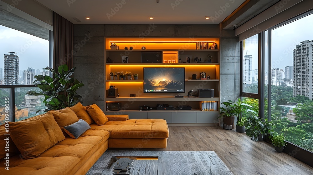 Poster minimalist game room featuring a sleek and modern gaming setup with simple shelving minimal lighting