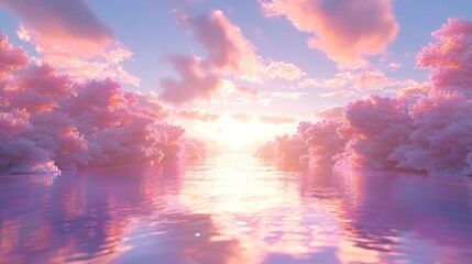 Fototapeta premium Tranquil Digital Renaissance: Serene Sunrise over Glowing River in Classical Landscape 3D Render
