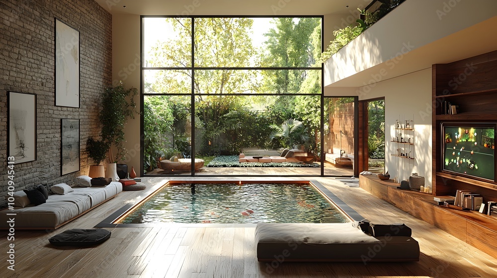 Poster a modern and minimalist game room with a streamlined setup featuring natural light and a clean invit
