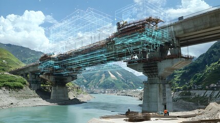 A photograph showcasing a large bridge under construction across a river with holographic blueprints and real time structural data floating above the construction site