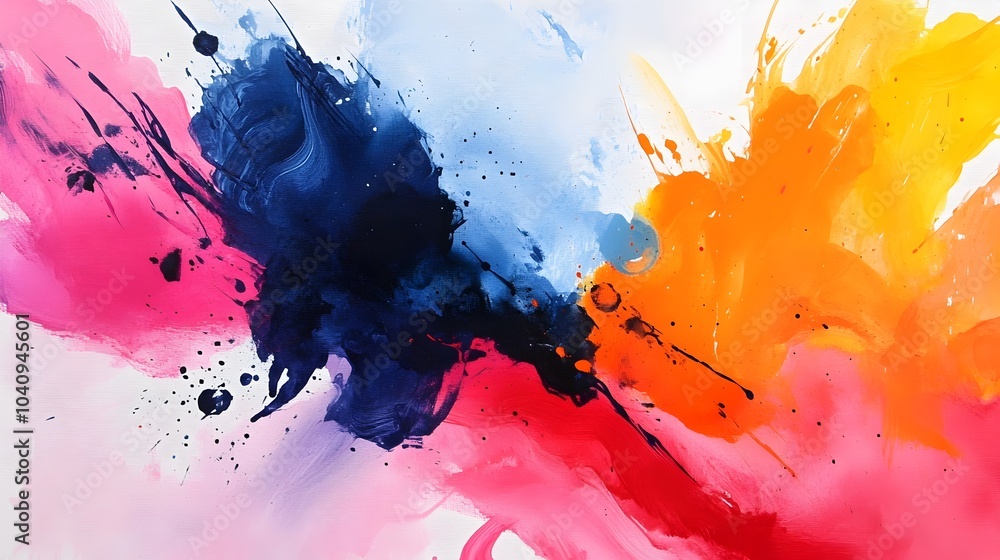 Poster vibrant and dynamic composition of splashing watercolor forms colliding with abstract geometric obst
