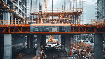 Futuristic bridge construction site featuring holographic displays projecting real time engineering diagrams material usage analytics
