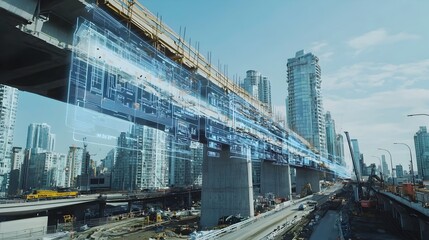 A photography showcasing a futuristic bridge construction site where holographic displays project real time engineering diagrams material usage analytics and other construction data visualizations