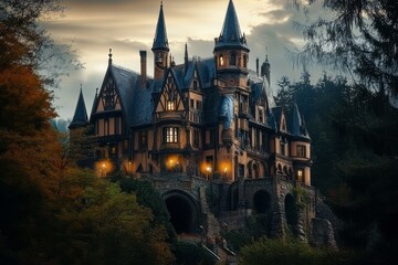 Fototapeta premium Enchanting castle structure reminiscent of classic fairy tales.