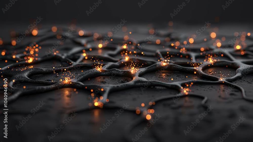 Poster mesmerizing digital web of nodes and connecting lines glows softly against dark background, creating
