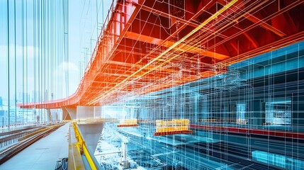 Massive steel bridge under construction with advanced 3D holographic visualizations displaying the final design and real time load testing data to optimize the engineering and development process