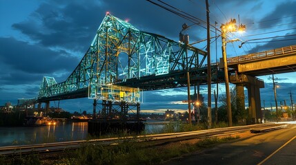 Obraz premium Massive steel bridge under construction with advanced holographic displays showcasing 3D visualizations of the final architectural design and live monitoring of real time load testing data