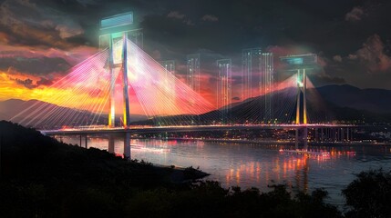 Obraz premium A photography of a futuristic cable stayed bridge being built across a river with glowing holographic visuals of cable tension data and safety protocols hovering nearby