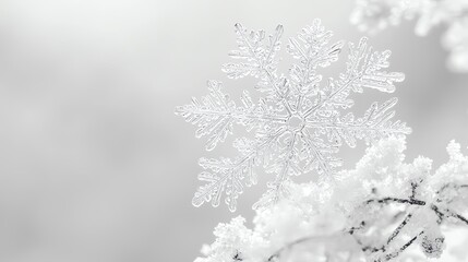 Obraz premium Intricate snowflake resting on a cold surface, soft white background.