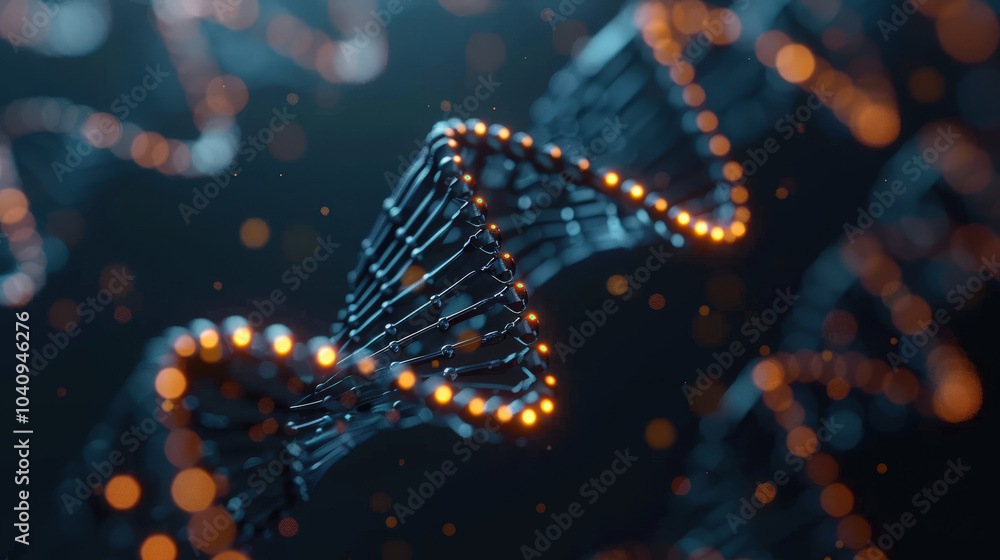 Poster glowing dna molecules unraveling with digital data create mesmerizing visual effect, showcasing intr