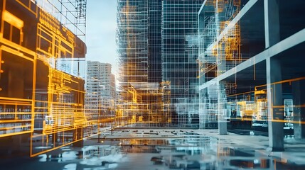 A photography of a futuristic high rise building site surrounded by holograms projecting 3D models of the building s design and engineering calculations