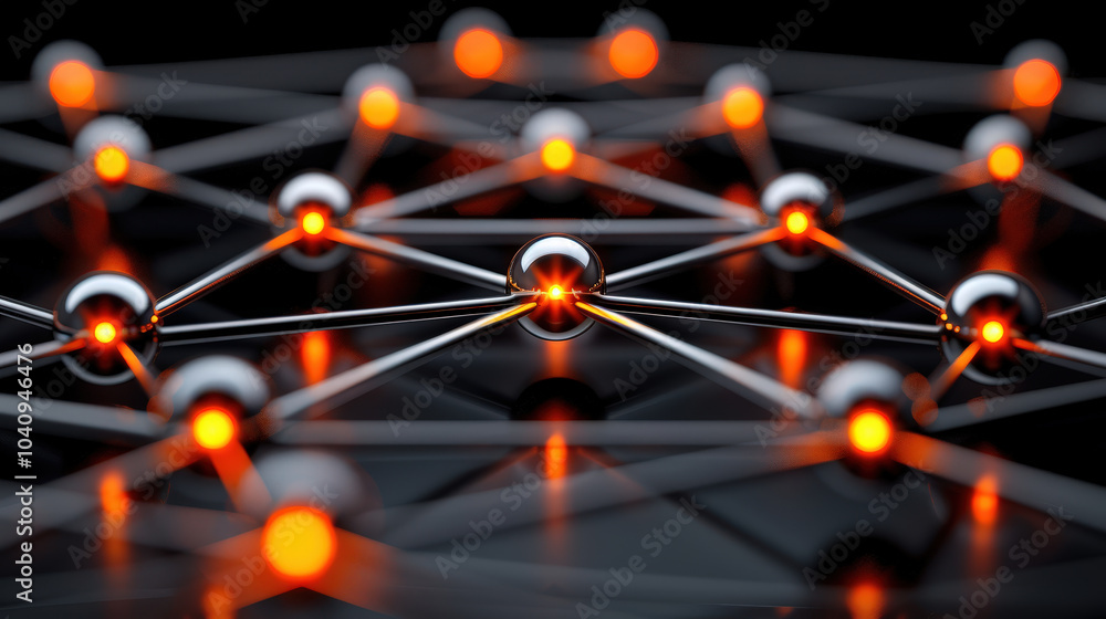 Poster glowing network of interconnected nodes and lines, showcasing futuristic design with vibrant orange 