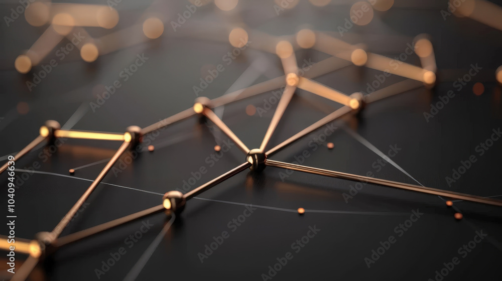 Poster glowing network of nodes and sharp lines creating abstract digital structure, showcasing connections