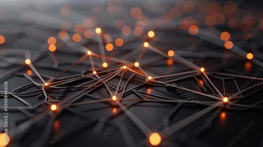 Poster glowing network of nodes and sharp lines creating abstract digital landscape. intricate connections 