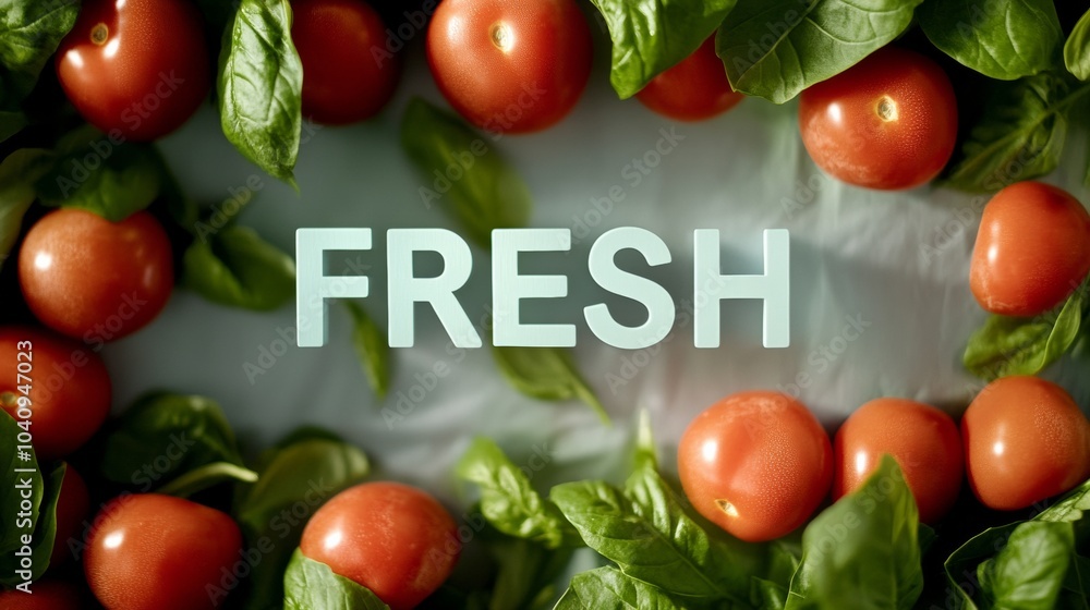 Poster minimalist fresh letters made of tomatoes with leafy background in a grocery store setting