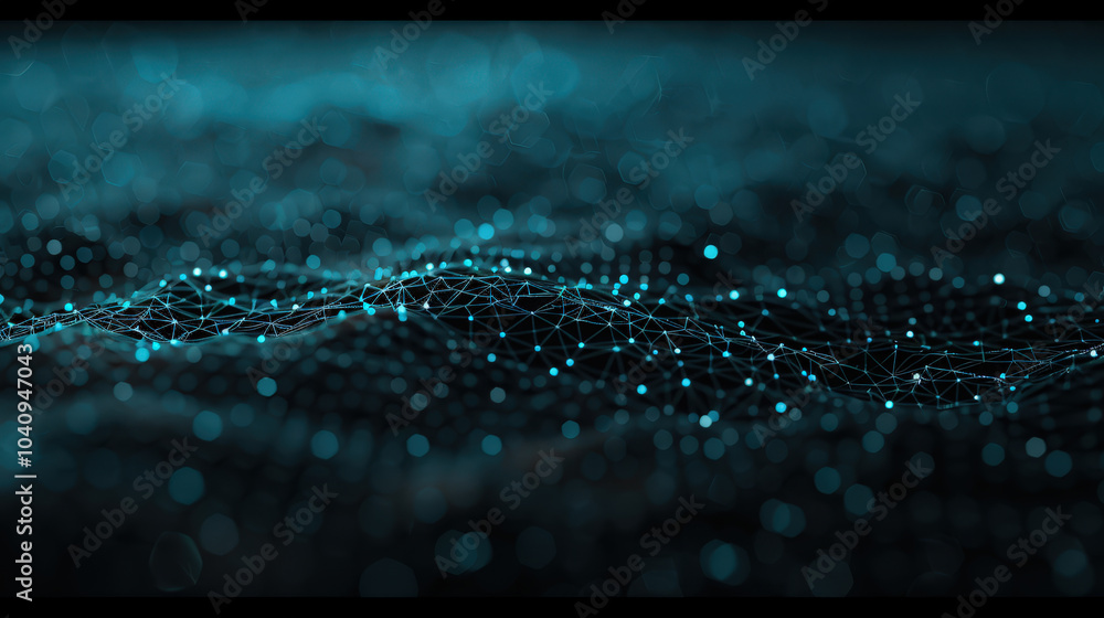 Poster mesmerizing digital landscape featuring glowing nodes and intricate lines, creating sense of depth a