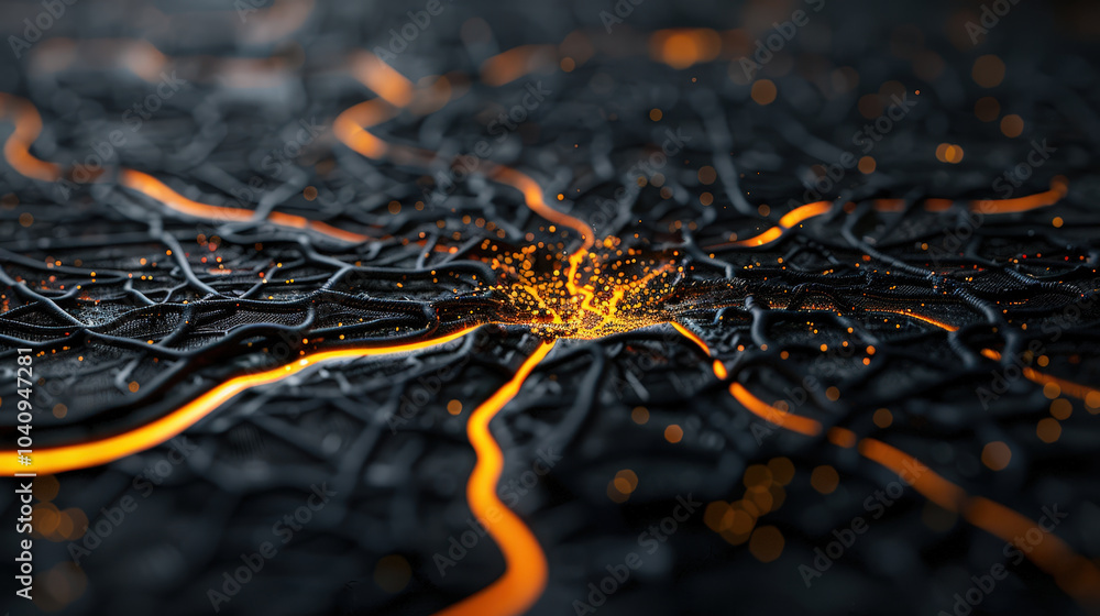 Poster intricate glowing nodes and sleek lines create mesmerizing abstract design, showcasing vibrant orang
