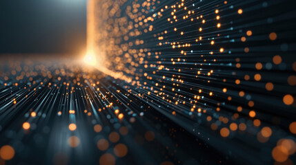 Obraz premium Glowing nodes and sharp lines create mesmerizing visual effect, evoking sense of depth and movement in digital landscape. interplay of light and shadow enhances dynamic atmosphere