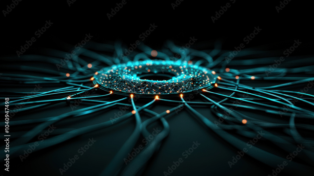 Poster glowing network of interconnected nodes and sleek lines creates mesmerizing visual effect, showcasin