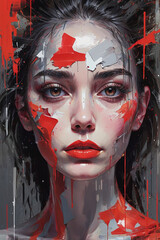 Image is a digital painting with a close-up focus on a human face, showcasing a striking and abstract style. The layout is centered, with the face occupying most of the frame. The subject is a person 