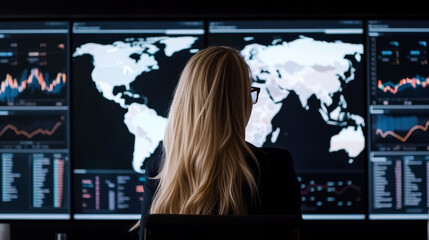 A woman with long blonde hair is focused on multiple screens displaying global data and financial charts, creating professional and analytical atmosphere