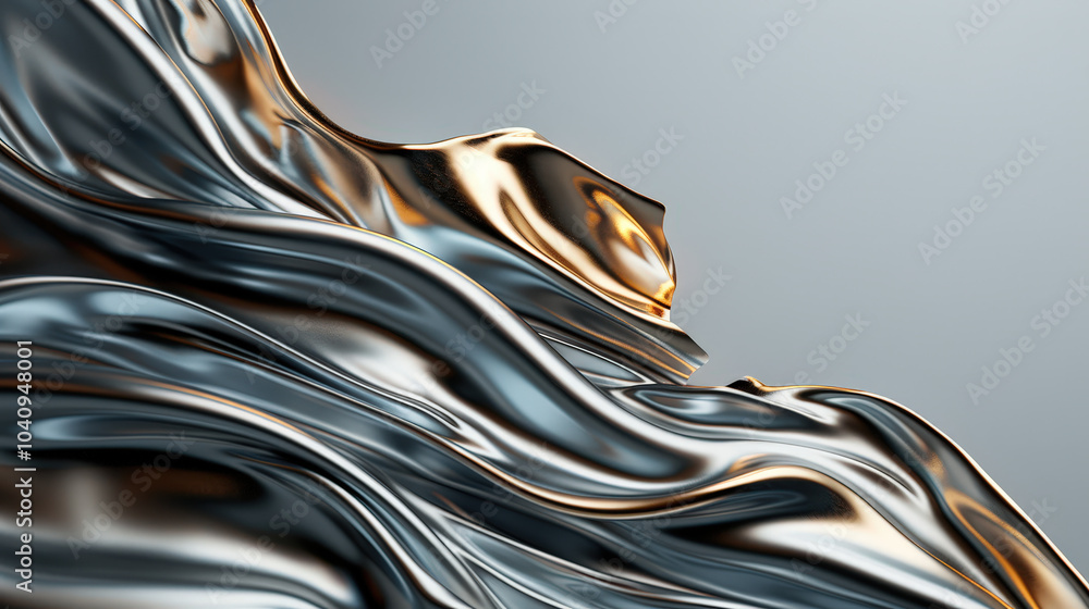 Poster smooth liquid metal swirls create mesmerizing texture, blending gold and silver tones. dynamic flow 