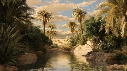 Obraz premium Vivid Digital Oasis - 3D Render of an Animated Classical Landscape with Glowing Palm Trees and Wildlife in a Serene Setting
