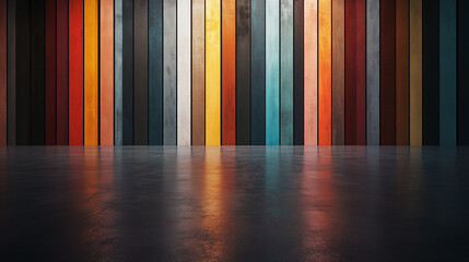 Colorful vertical wooden planks backdrop with dark floor reflection in a studio setting