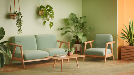 Eco-Friendly Living Room with Light Green Walls, Wooden Floor, and Soft Orange Hue