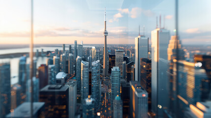 stunning view of high rise skyscrapers in bustling city, showcasing modern architecture and iconic CN Tower. scene captures vibrant energy of urban life at sunset