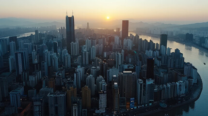 Fototapeta premium stunning aerial view of high rise skyscrapers in bustling city at sunset, showcasing vibrant skyline and river flowing through urban landscape