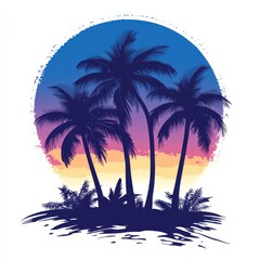 Simple vector art featuring palm trees at sunset against a blue and purple sky. 