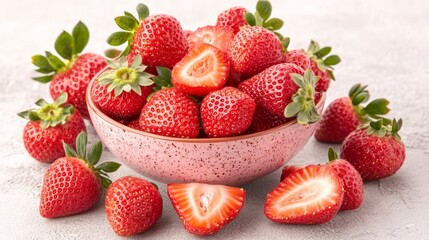 Fresh ripe strawberries in a pink bowl on a white background.