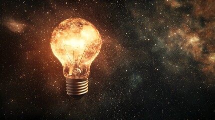 Conceptual image of a levitating lightbulb glowing with vibrant energy and radiating abstract patterns in a vast ethereal cosmic space symbolizing innovation creativity and the power of illumination