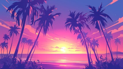 Obraz premium Simple vector art featuring palm trees at sunset against a blue and purple sky. 
