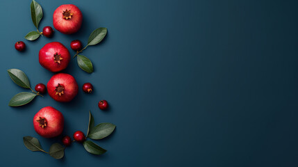 Fresh pomegranates and cherries arranged beautifully on teal background create vibrant and festive atmosphere. This composition is perfect for holiday themes