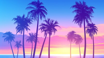 Fototapeta premium Vector art of palm trees at sunset, with a blue and purple sky, in a simple vector style, as clipart, on a white background