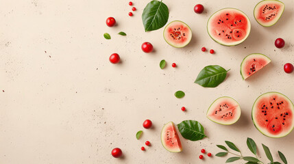 Fototapeta premium Fresh watermelons and vibrant red berries are beautifully arranged on light background, creating refreshing and inviting summer vibe
