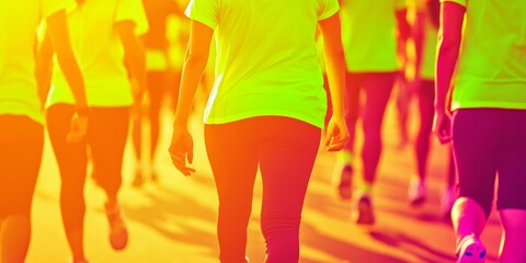 Group of People in Bright Athletic Wear Participating in Charity Run at Sunrise
