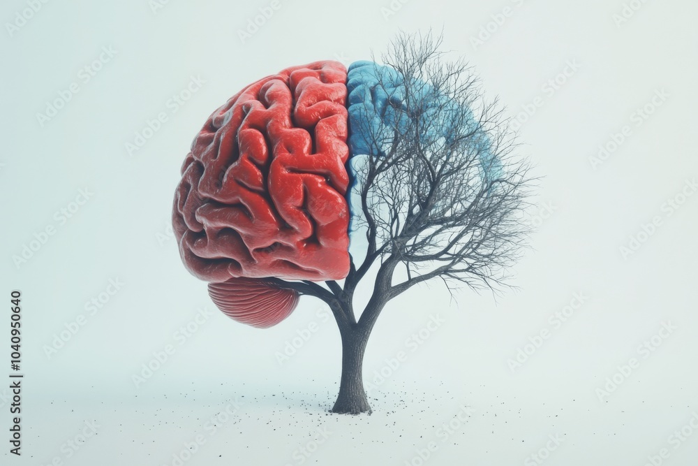 Poster a human brain shaped as a tree with one half in vibrant red color and the other half in blue color, 