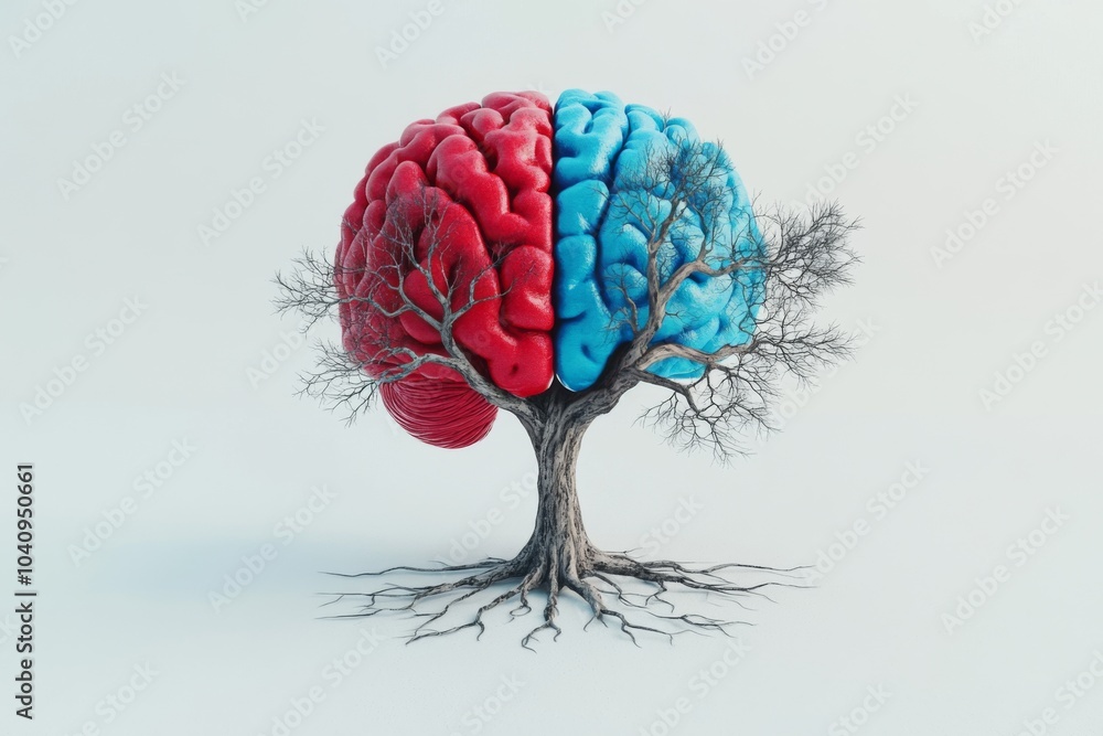 Poster a stylized 3d rendering of a human brain shaped like a tree. the brain is divided in half, with the 