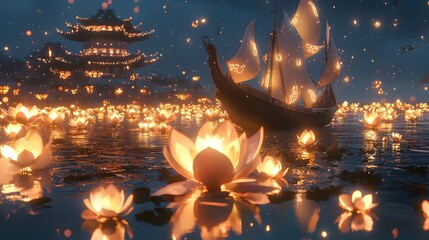 Fototapeta premium A conceptual digital showcasing a junk boat gracefully sailing on a tranquil sea of glowing lotus flowers the water s surface reflecting their soft ethereal light
