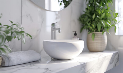 Fototapeta premium Stylish white bowl sink with houseplant and towel on sleek marble table in modern bathroom interior design