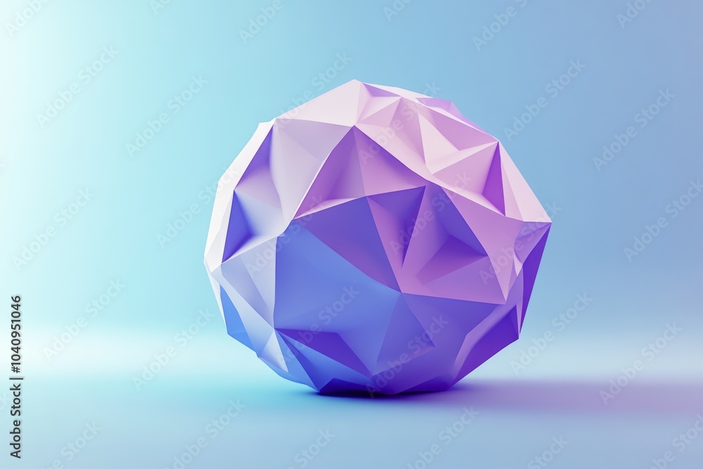 Poster a 3d rendering of a purple geometric sphere with sharp edges on a light blue background.