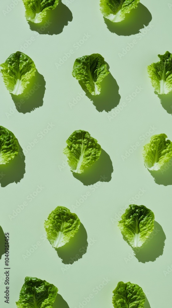 Poster vibrant green lettuce pattern on light pastel background with soft shadows - bright and fresh aesthe