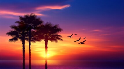 Vector art of palm trees at sunset, with a blue and purple sky, in a simple vector style, as clipart, on a white background