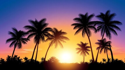 Obraz premium Vector art of palm trees at sunset, with a blue and purple sky, in a simple vector style, as clipart, on a white background