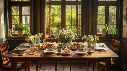 Fototapeta premium A beautifully arranged dining table filled with variety of delicious foods, surrounded by vibrant flowers and greenery. warm sunlight streaming through windows creates cozy and inviting atmosphere, pe