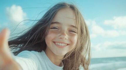 Sun-Kissed Smiles: A young girl with long hair smiles brightly at the camera, capturing the carefree joy of a summer day at the beach. Her joyful expression evokes feelings of happiness, innocence.